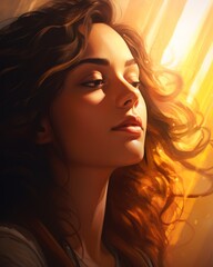 Naklejka premium Close-up portrait of a woman in sunbeam, serene expression, warm glow, peaceful ambiance