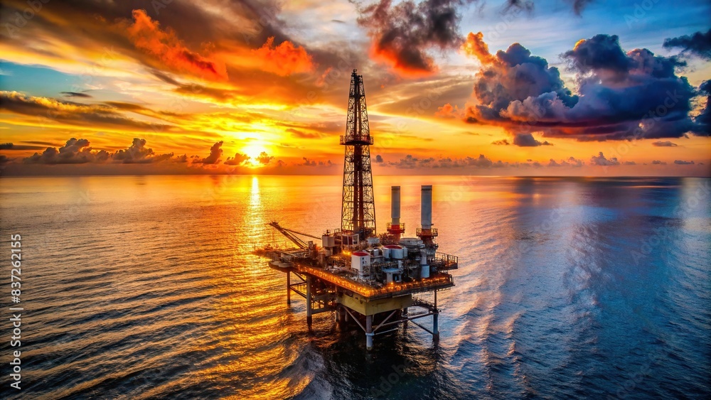 Wall mural Aerial view of offshore drilling rig jack up rig for oil during sunset, offshore, drilling rig, jack up rig, oil, offshore location, sunset, aerial view, industry, energy, platform - Wall murals