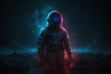 Fototapeta premium Astronaut Exploring Alien Planet with Neon Glow