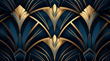 Elegant vector abstract in art deco style, featuring rich gold and navy, symmetrical luxury pattern