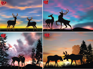 four deers couples at sunset
