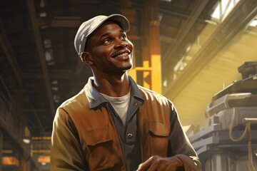 Factory scene with joyful African American worker, engaging smile, side angle