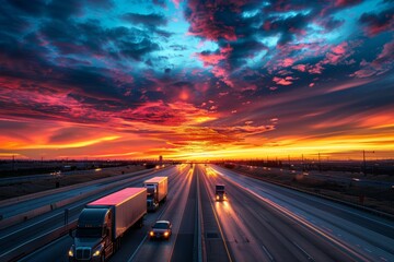 Capturing the essence of transportation. trucks traversing the highway under a vivid sunset
