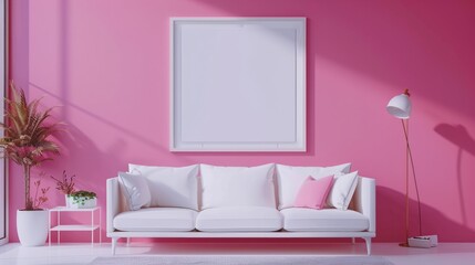 Frame mockup magenta color wall background mockup with white sofa furniture and decor, Generative AI.