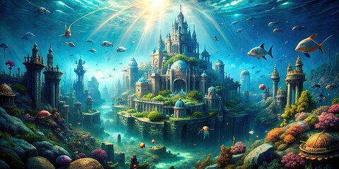 Enchanting underwater realm with a cinematic glimpse of the mythical city of Atlantis , underwater, realm, mythical, city, Atlantis, cinematic, glimpse, enchanting, majestic, ethereal