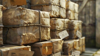 Stacked old-fashioned wrapped parcels with labels tied with string, representing vintage shipping or postal delivery.