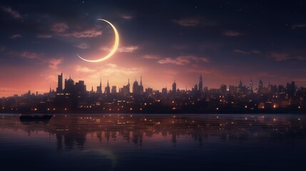 Ramadan crescent moon above city skyline, reflective lights, night scene, distant view
