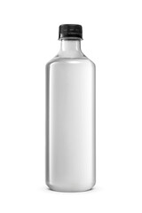 Plastic bottle of soda without label with black cap isolated. Transparent PNG image.