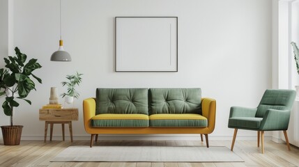 Obraz premium Frame mockup minimal interior living room has green sofa and yellow armchair, Generative AI.