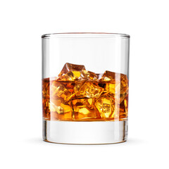 A clear glass filled with amber-colored whiskey and ice cubes is isolated. Transparent PNG image.