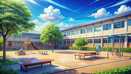 School environment in summer with anime style, featuring empty classrooms and playground , summer, school, anime,empty, classroom, playground, education, background, animation