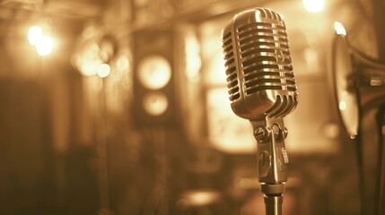 Vintage microphone in a warmly lit setting.