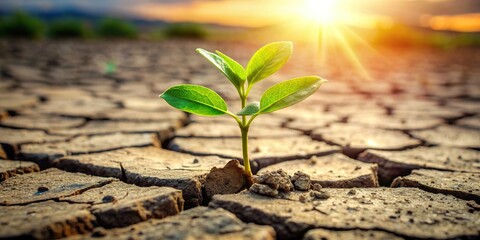 Green plant sprouting from cracked earth symbolizing hope and renewal amidst adversity , environment, climate change, sustainability, conservation, growth, resilience, nature, life, renewal