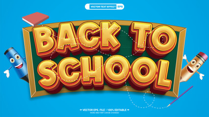Back to school editable 3d vector text effect with cartoon pencil and book