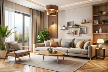 Stylish minimalism interior of beautiful living room with comfortable furniture 