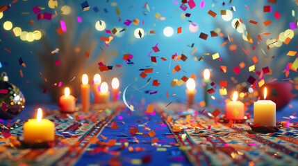 A lively party tableau with bright confetti swirling on a blue background, festive candles...