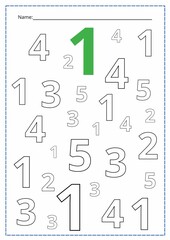 A printed sheet of a worksheet with numbers.  Find the number and color it. Mathematics for children, arithmetic for a child, Vector illustration.
