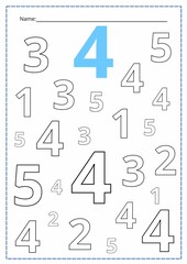 A printed sheet of a worksheet with numbers.  Find the number and color it. Mathematics for children, arithmetic for a child, Vector illustration.