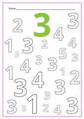 A printed sheet of a worksheet with numbers.  Find the number and color it. Mathematics for children, arithmetic for a child, Vector illustration.