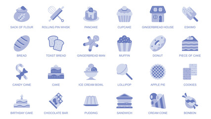 Bakery web icons set in duotone flat design. Pack pictograms with flour sack, whisk, rolling pin, cupcake, toast, bread, muffin, donut, cake, candy cane, ice cream, pie, other. Vector illustration.