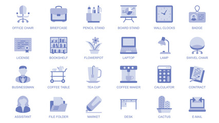 Business workspace web icons set in duotone flat design. Pack pictograms with office chair, briefcase, pencil stand, wall clocks, license, bookshelf, flowerpot, laptop, other. Vector illustration.