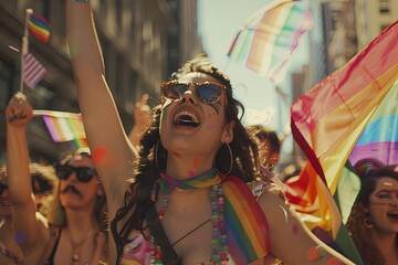 Obraz premium Joyful woman celebrating at a pride parade with rainbow flags and vibrant attire