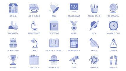 Education web icons set in duotone flat design. Pack pictograms with school bus, bell, board stand, pencil, geography, chemistry, microscope, medal, pen, study, schoolbag, other. Vector illustration.