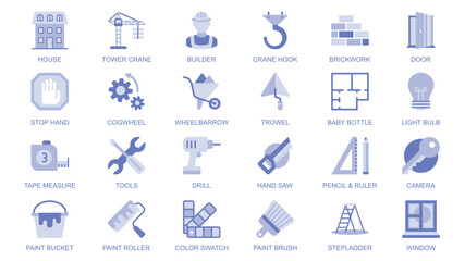 Constructions tools web icons set in duotone flat design. Pack pictograms with house, tower crane, builder, brickwork, door, cogwheel, wheelbarrow, trowel, blueprint, key, other. Vector illustration.