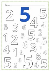 A printed sheet of a worksheet with numbers.  Find the number and color it. Mathematics for children, arithmetic for a child, Vector illustration.