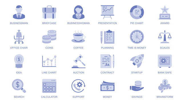 Business essential web icons set in duotone flat design. Pack pictograms with businessman, briefcase, presentation, award, office chair, money, coffee, planning, startup, other. Vector illustration.