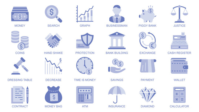 Business and finance web icons set in duotone flat design. Pack pictograms with money, graph, businessman, piggy bank, justice, coins, handshake, exchange, cash, diamond, other. Vector illustration.