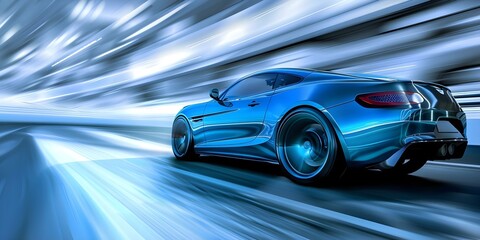 Speeding Blue Business Car on Highway Rear View Closeup During Turn. Concept Sports Cars, High Speed, Blue Vehicles, Highway Driving, Rear View