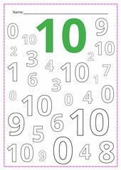A printed sheet of a worksheet with numbers.  Find the number and color it. Mathematics for children, arithmetic for a child, Vector illustration.