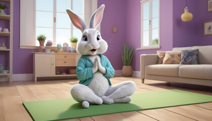 A cute animated bunny dressed in exercise clothes doing yoga on a mat in a colorful room