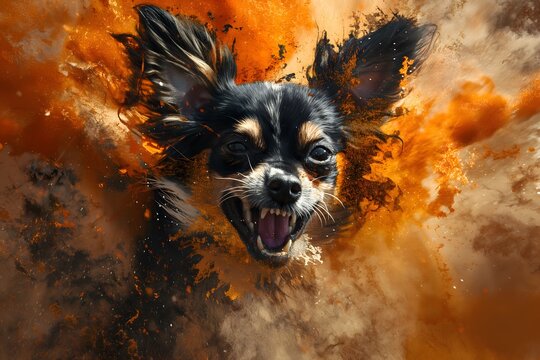 A chihuahua in full roar, charging forward with a fierce expression. Captured in a dynamic colours. Splashes and splatters around the dog suggest its swift movement and wild energy