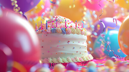 A vibrant birthday celebration scene featuring a detailed cake with pastel icing, enhanced by...