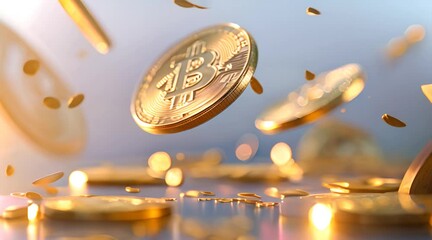 Cryptocurrency concept or electronic payments. Technology 3d i Realistic gold coins explosion or splash Rain of golden bitcoins. Falling or flying money.4k video slow-motion