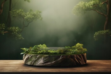 podium and fresh leaves on a green background, generative ai