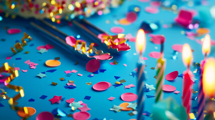 A vibrant birthday party with multi-colored confetti on a royal blue background, candles adorning festive serving tongs .
