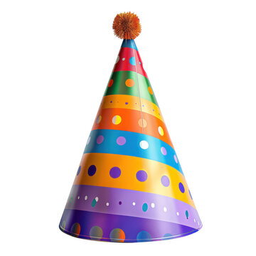 Colorful striped and polka dot party hat with pompom on top, perfect for birthday celebrations and festive events. transparent backgrounds