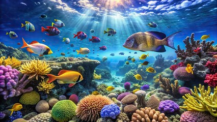 Underwater realm with colorful coral reefs and marine life in clear blue waters