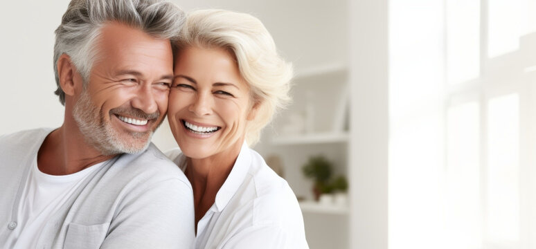 A close-up portrait of a happy senior couple smiling with white teeth in a dental clinic. The advertising concept of cosmetic dentistry