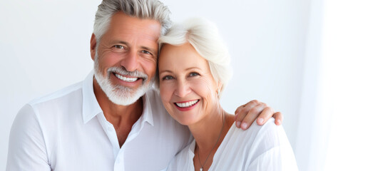 A close-up portrait of a happy senior couple smiling with white teeth in a dental clinic. The advertising concept of cosmetic dentistry.