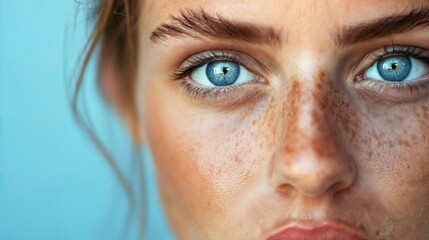 Close-up of Blue-eyed Woman with Freckles Against Blue Background