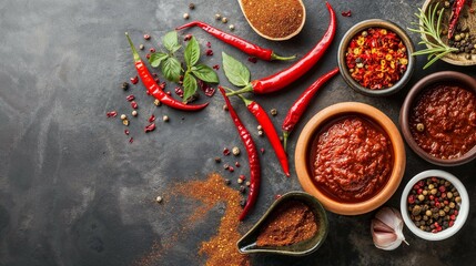 Assorted Spices and Red Chili Peppers on Dark Background with Copy Space