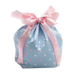 Beautifully wrapped blue gift with pink polka-dots and ribbon, perfect for various occasions like birthdays, anniversaries, or celebrations. transparent backgrounds