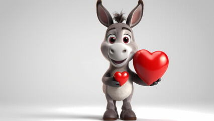 A cute animated donkey character smiling while holding a large red heart and a smaller one in a cheerful pose