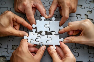 A puzzle being completed by several hands, symbolizing teamwork