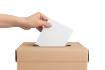 Ballot box with hand holding a ballot paper voting isolated on transparent background