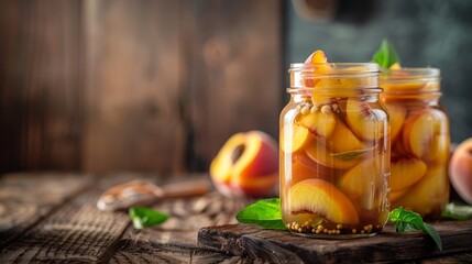 Jar of pickled peaches, vibrant and juicy, floating in sweet brine, rustic kitchen setting, homemade delicacy, copy space